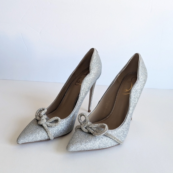 Sam Edelman Deela Pointed Toe Mesh Bow Stiletto Heel Scallop Upper Glitter sz 10 - Picture 8 of 13